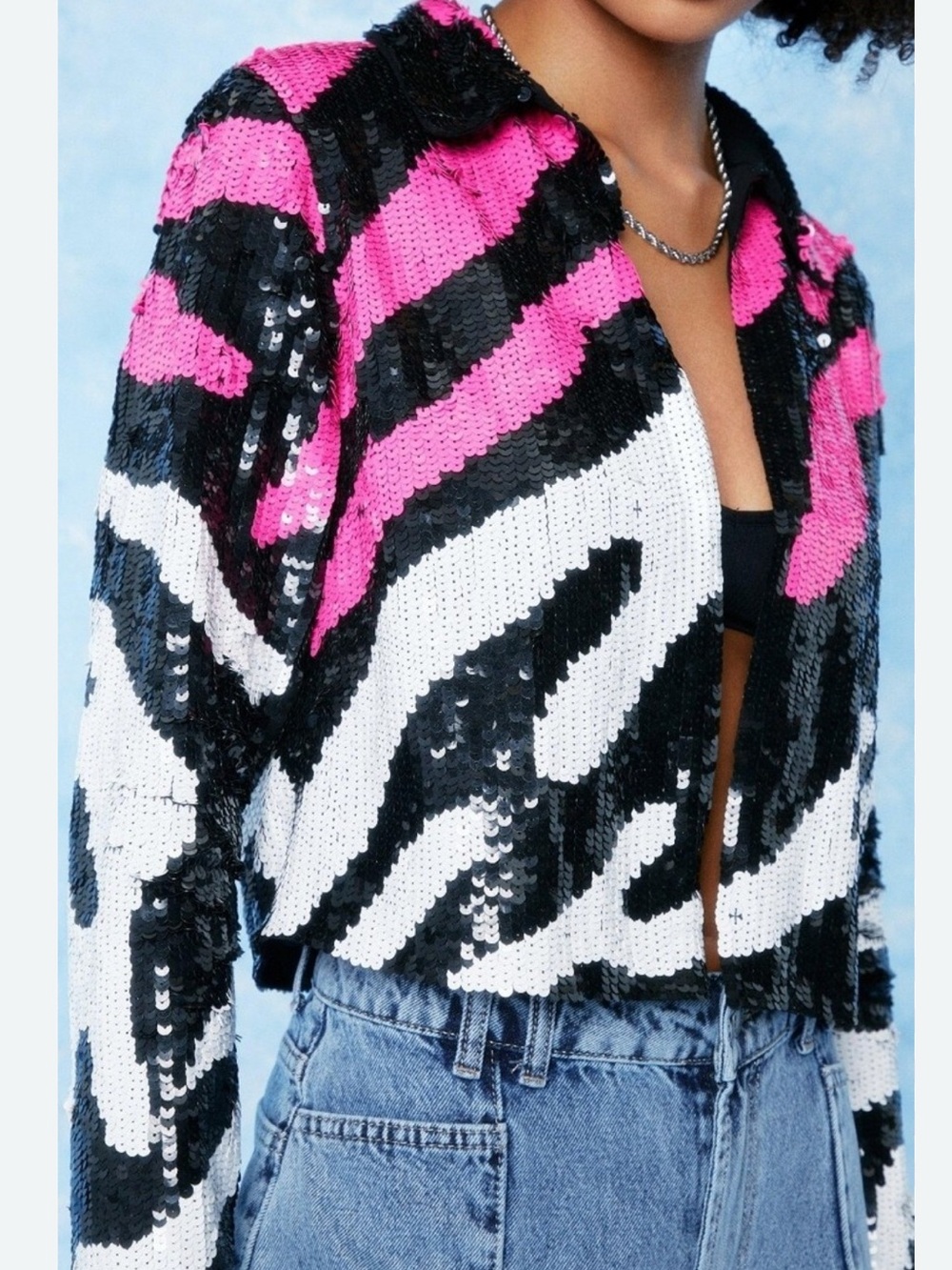 NWT Nasty Gal Sequin Or Lose Zebra Jacket Pink Black White Sz 2